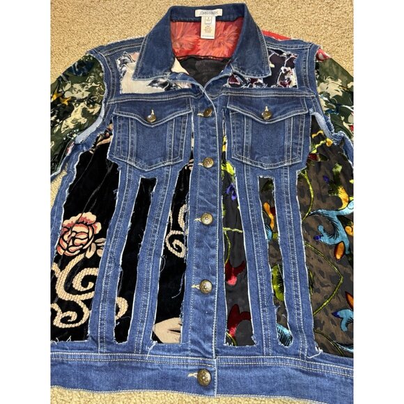 JOHN MARK Velvet Burnout Cut Out Patchwork Sheer Denim Jacket Boho Goth Fairy S - Picture 8 of 11